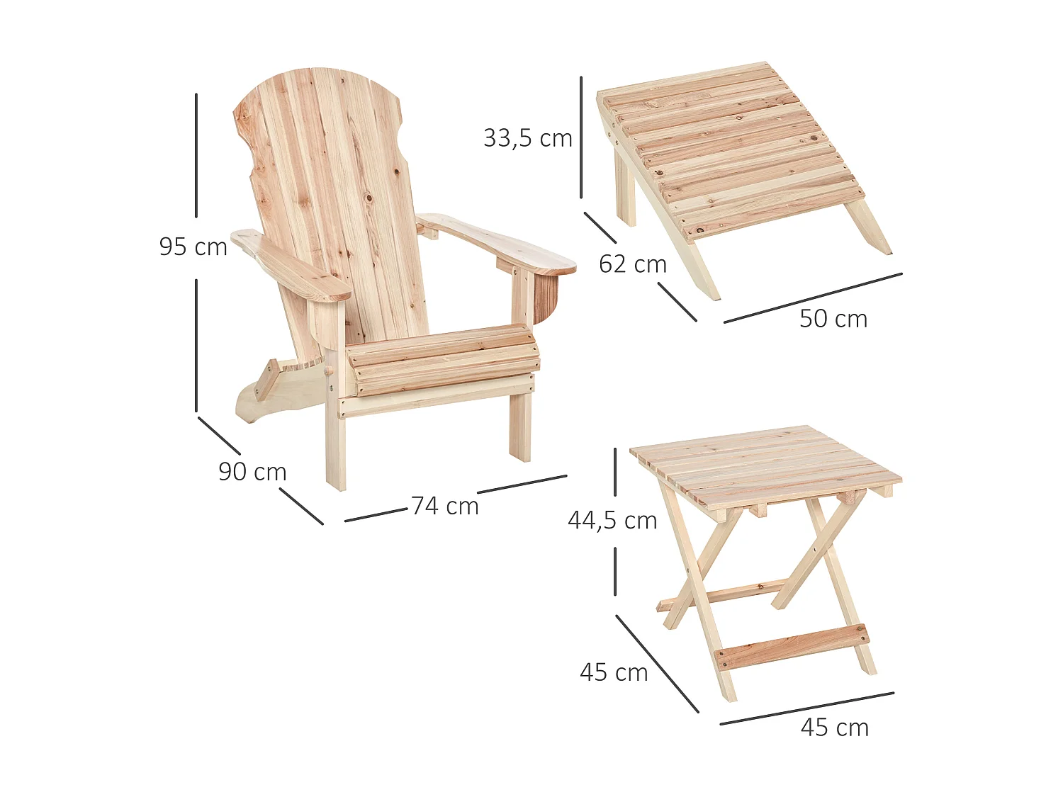 Fauteuil de jardin Adirondack pliable avec repose-pied et table basse bois sapin traité naturel