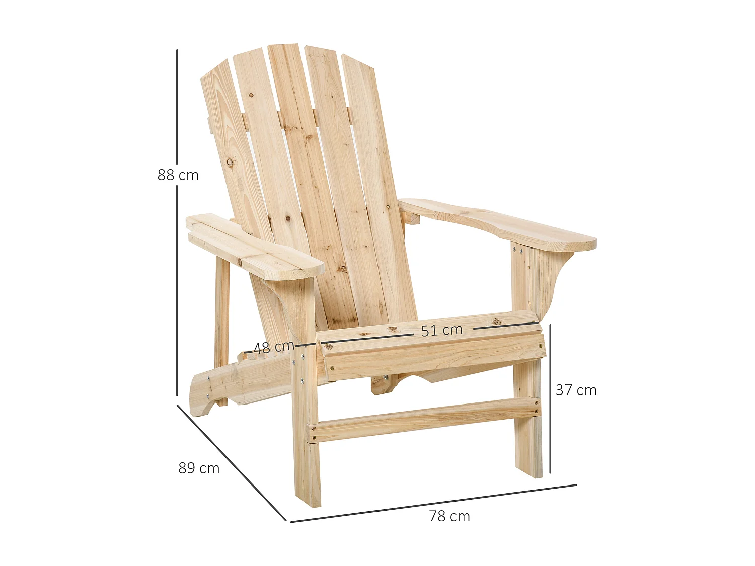 Fauteuil de jardin Adirondack dim. 78L x 89P x 88H cm bois massif sapin naturel
