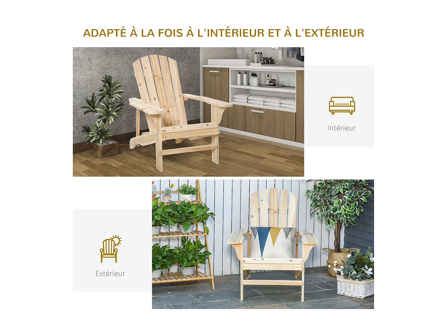 Fauteuil de jardin Adirondack dim. 78L x 89P x 88H cm bois massif sapin naturel