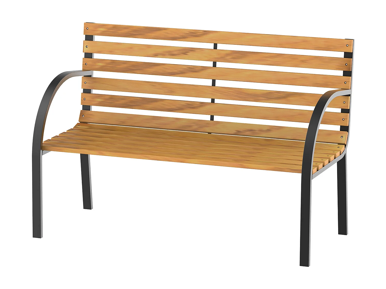 Banc de jardin 2 places style rural chic assise dossier à lattes bois naturel lasuré châssis acier époxy noir