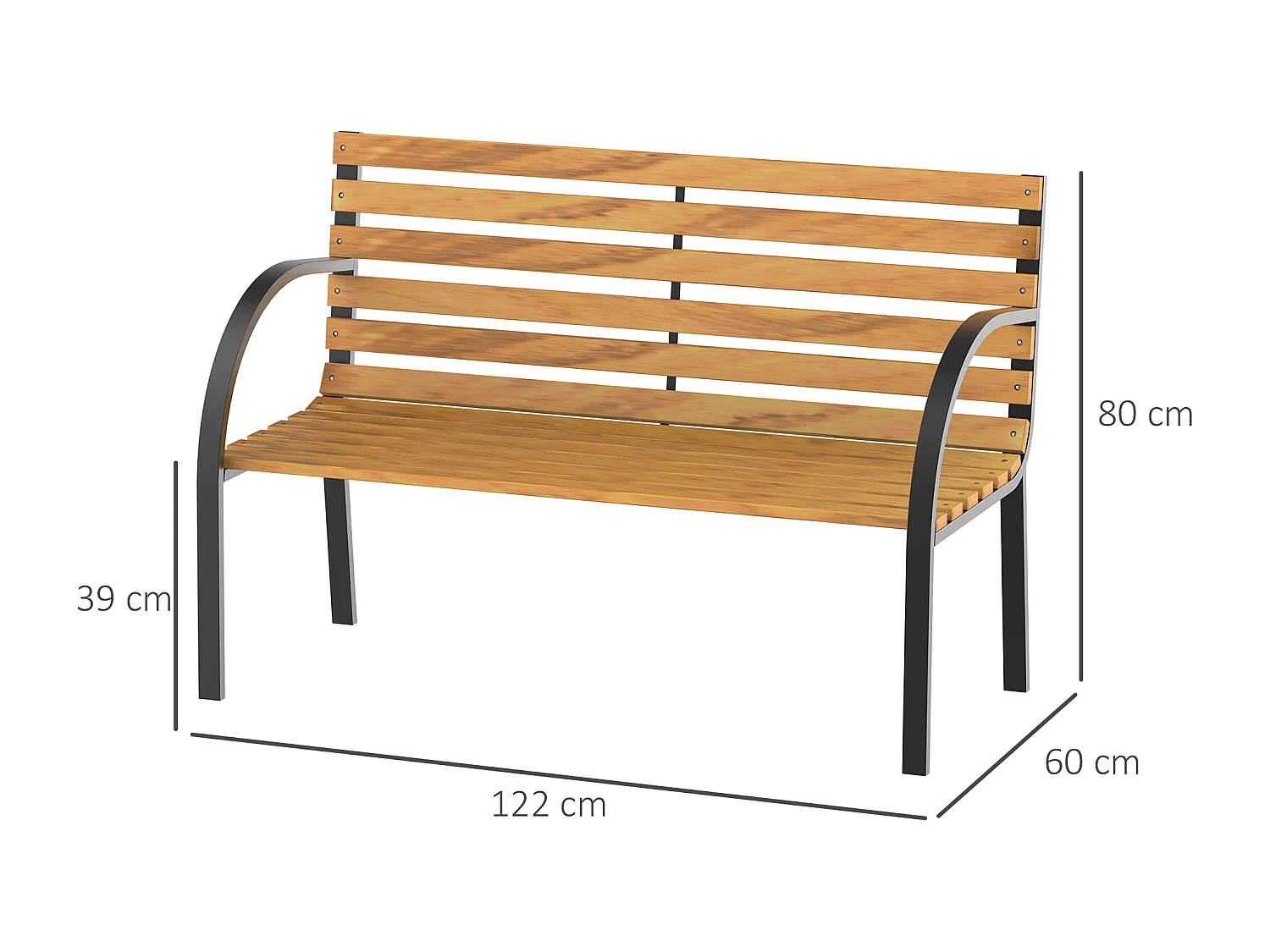 Banc de jardin 2 places style rural chic assise dossier à lattes bois naturel lasuré châssis acier époxy noir