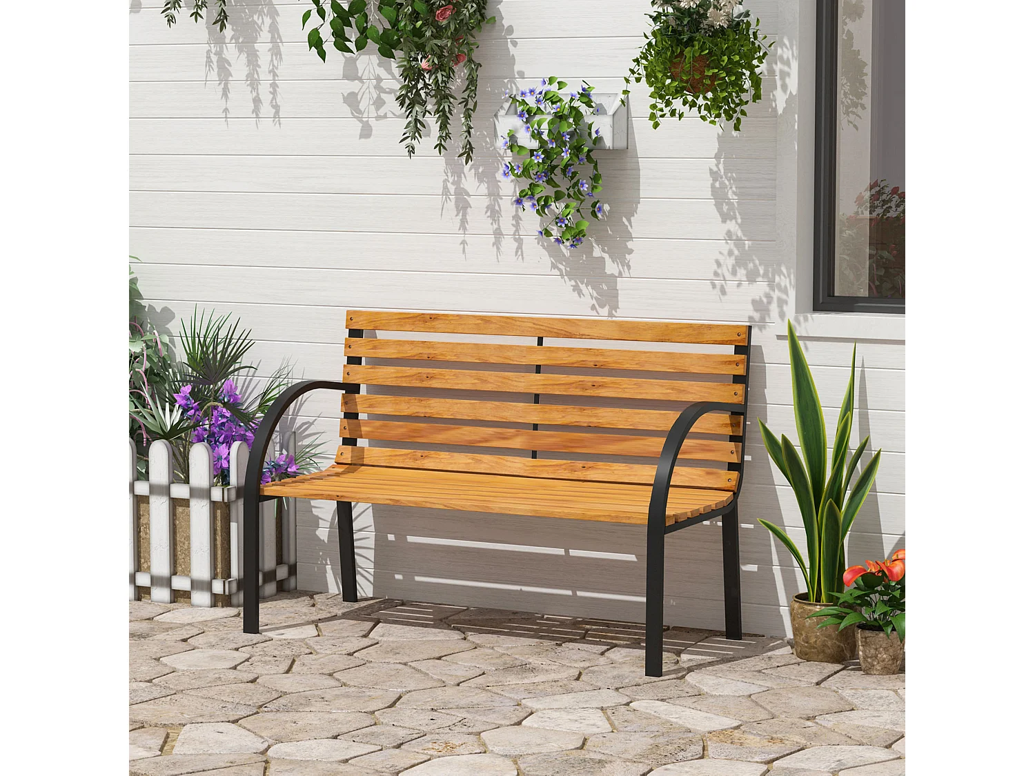 Banc de jardin 2 places style rural chic assise dossier à lattes bois naturel lasuré châssis acier époxy noir