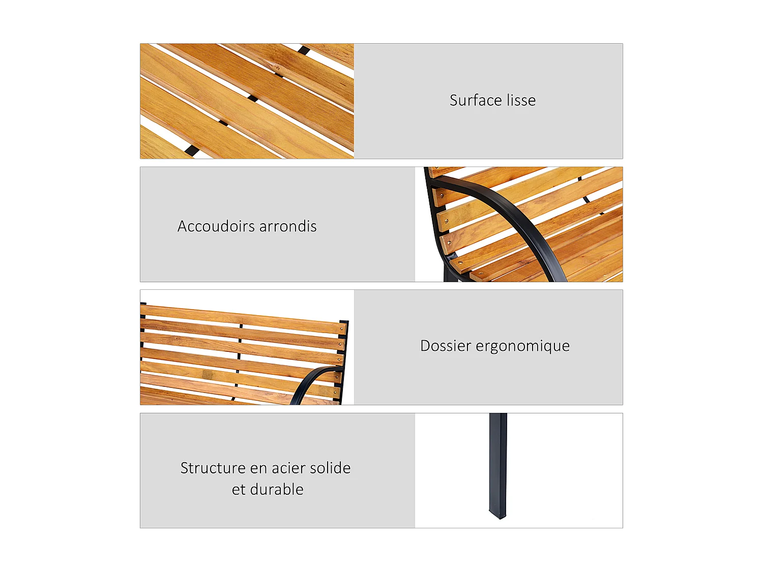 Banc de jardin 2 places style rural chic assise dossier à lattes bois naturel lasuré châssis acier époxy noir