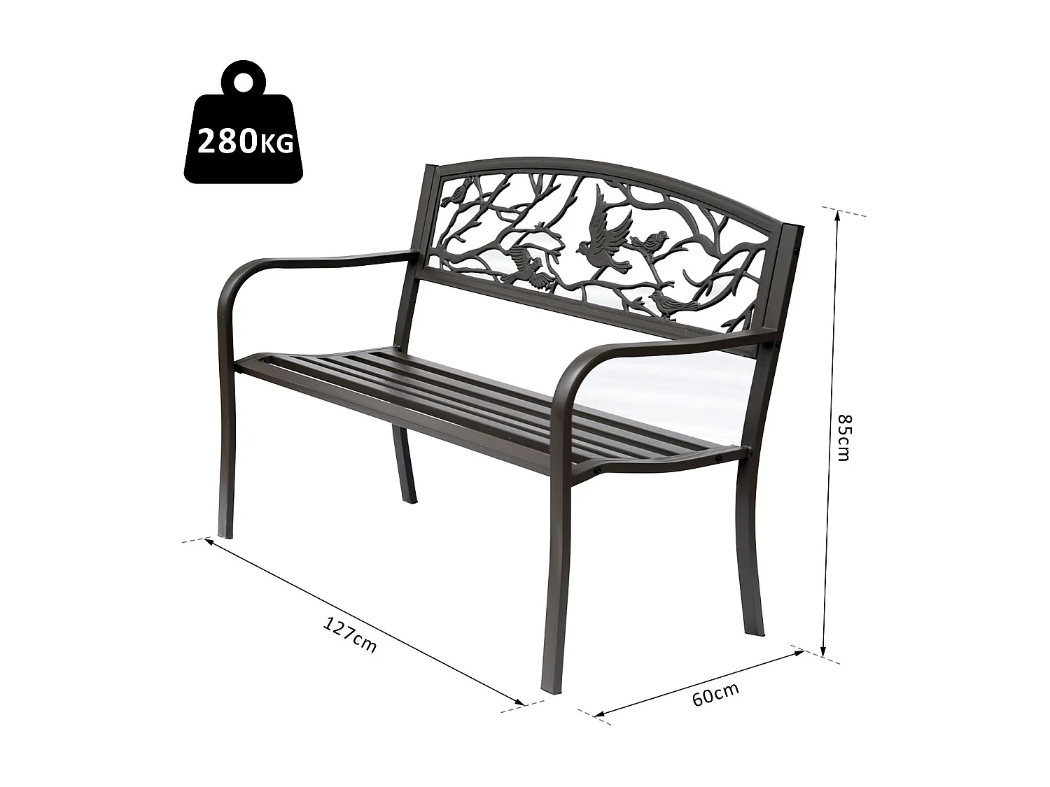 Banc 3 places de jardin terrasse style rural chic 127L x 60l x 85H cm métal époxy anticorrosion brun