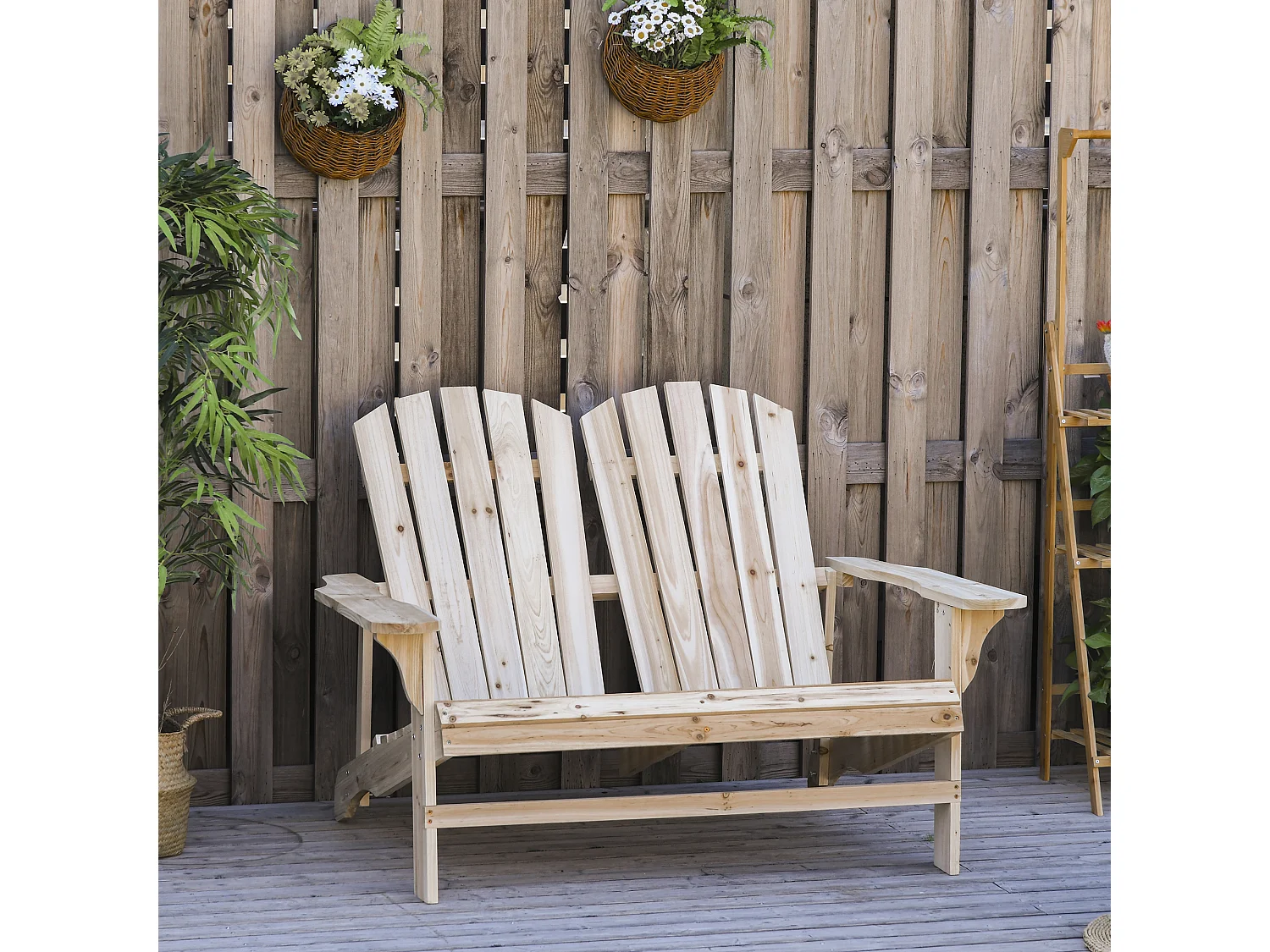 Banc de jardin 2 places design Adirondack assise dossier à lattes larges accoudoirs bois naturel pin lasuré