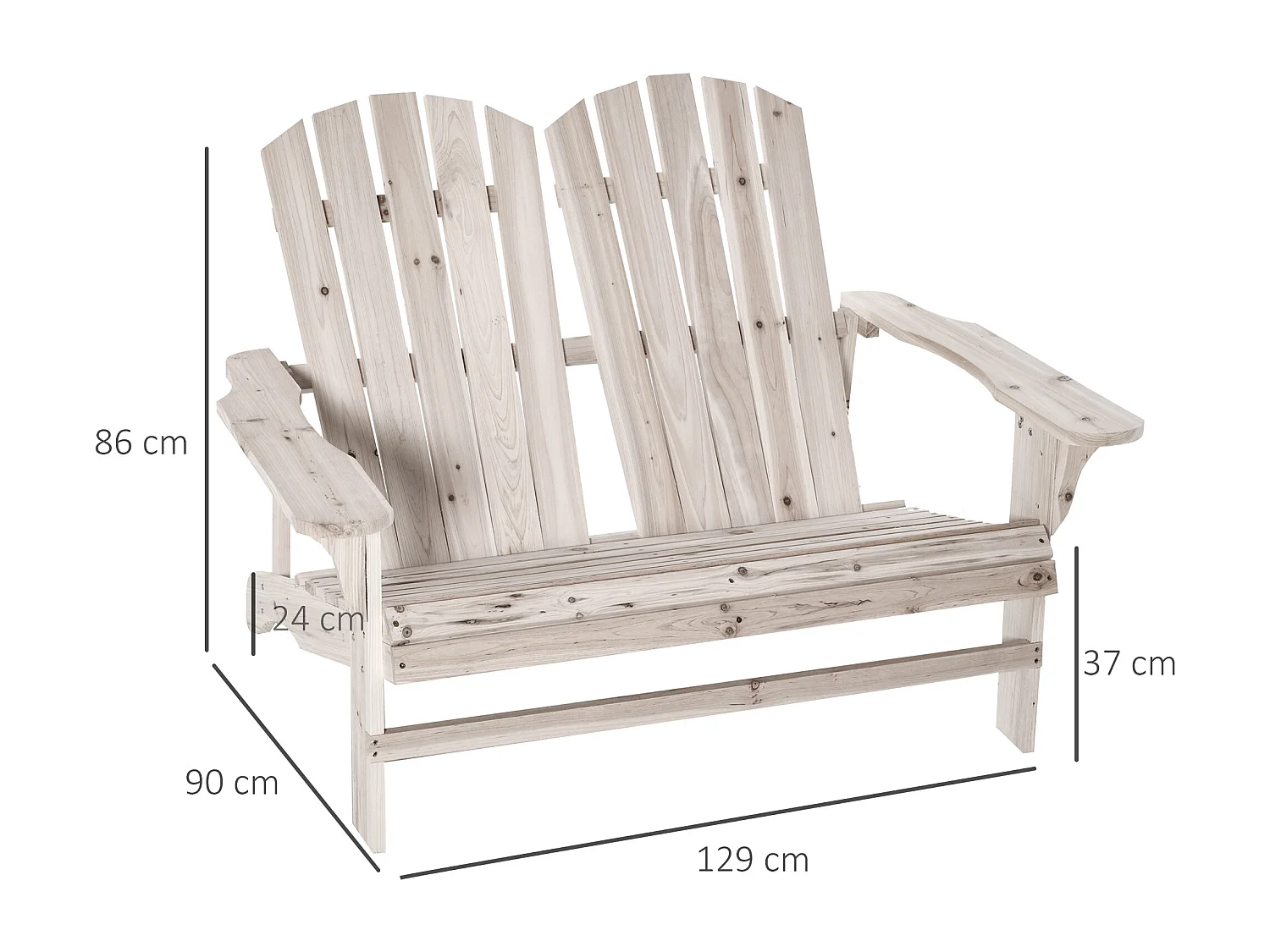 Banc de jardin 2 places design Adirondack assise dossier à lattes larges accoudoirs bois naturel pin lasuré