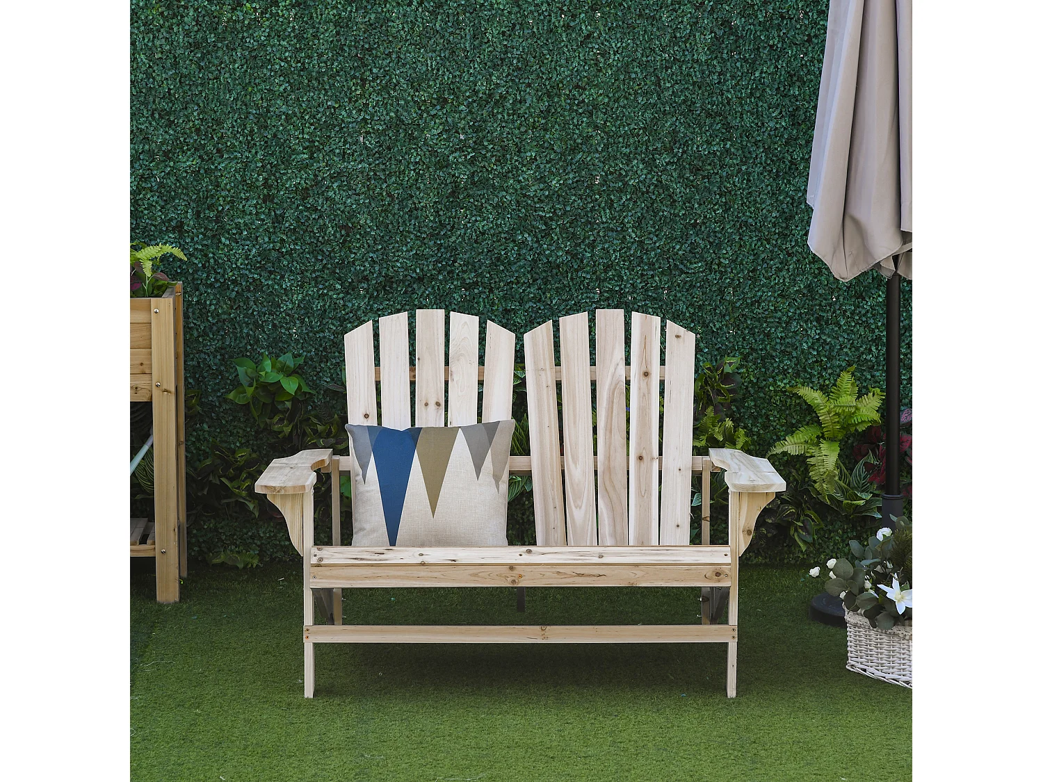 Banc de jardin 2 places design Adirondack assise dossier à lattes larges accoudoirs bois naturel pin lasuré