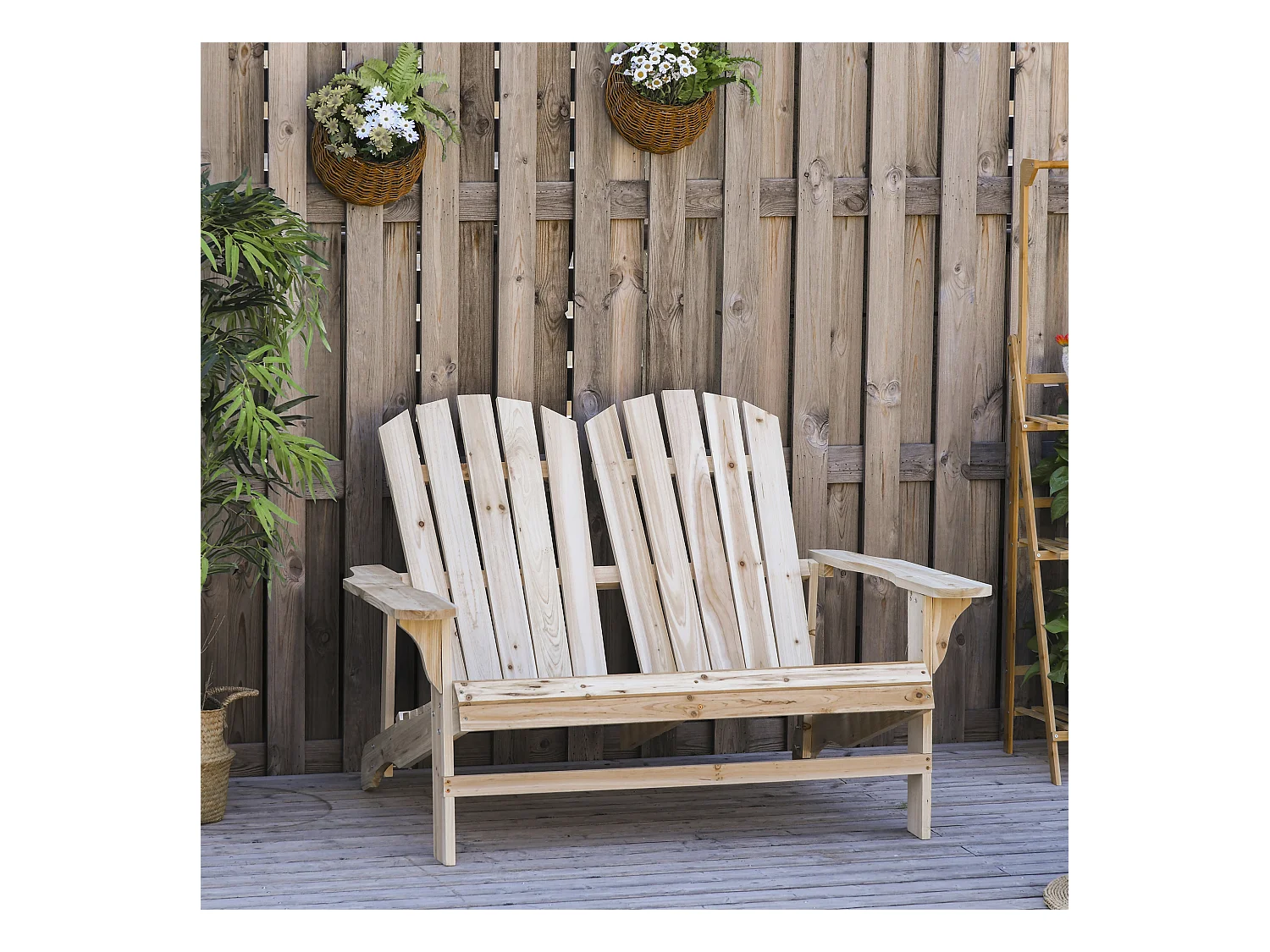 Banc de jardin 2 places design Adirondack assise dossier à lattes larges accoudoirs bois naturel pin lasuré