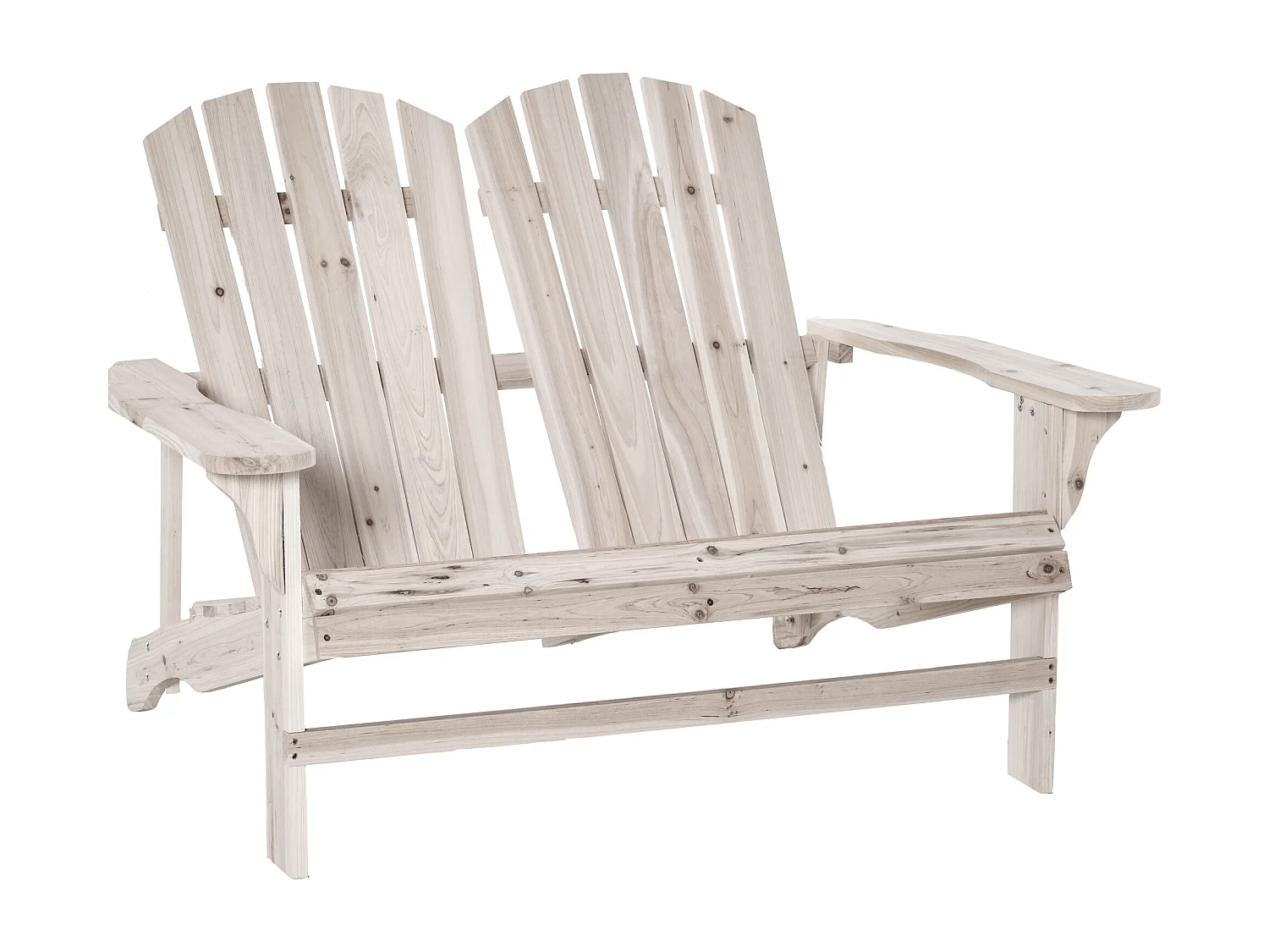 Banc de jardin 2 places design Adirondack assise dossier à lattes larges accoudoirs bois naturel pin lasuré