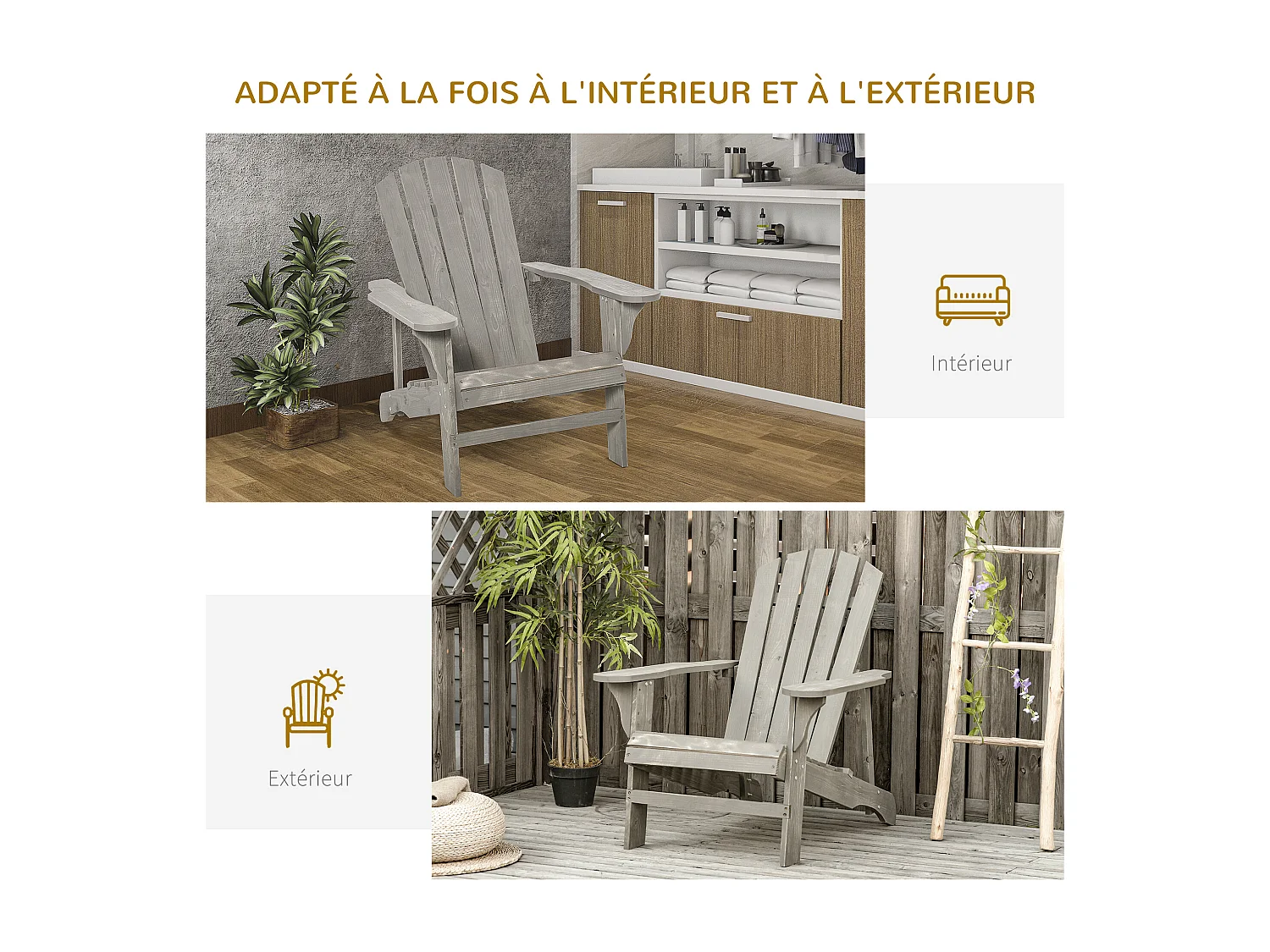 Fauteuil de jardin Adirondack dim. 78L x 89P x 88H cm bois massif sapin gris effet vieilli