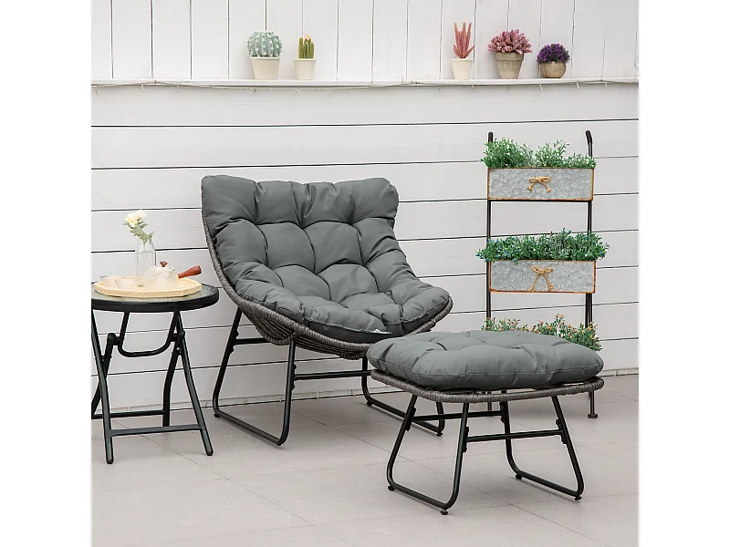 Fauteuil de jardin avec repose-pieds - 2 coussins polyester inclus - métal époxy résine tressée aspect rotin gris