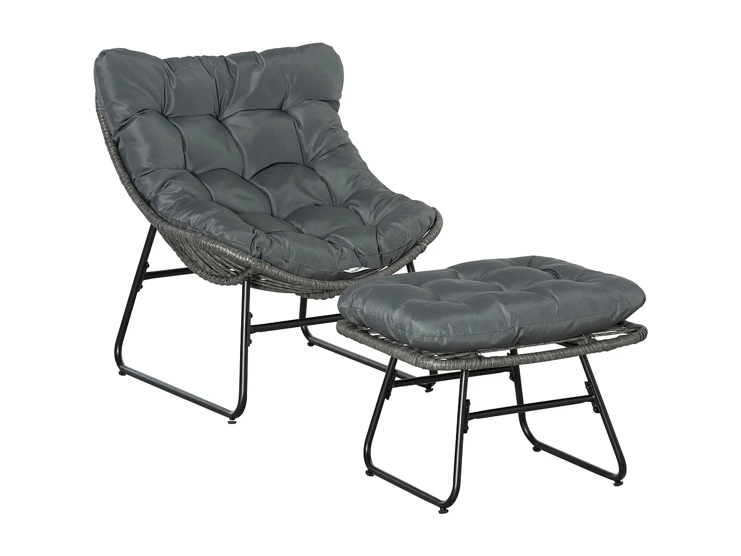 Fauteuil de jardin avec repose-pieds - 2 coussins polyester inclus - métal époxy résine tressée aspect rotin gris