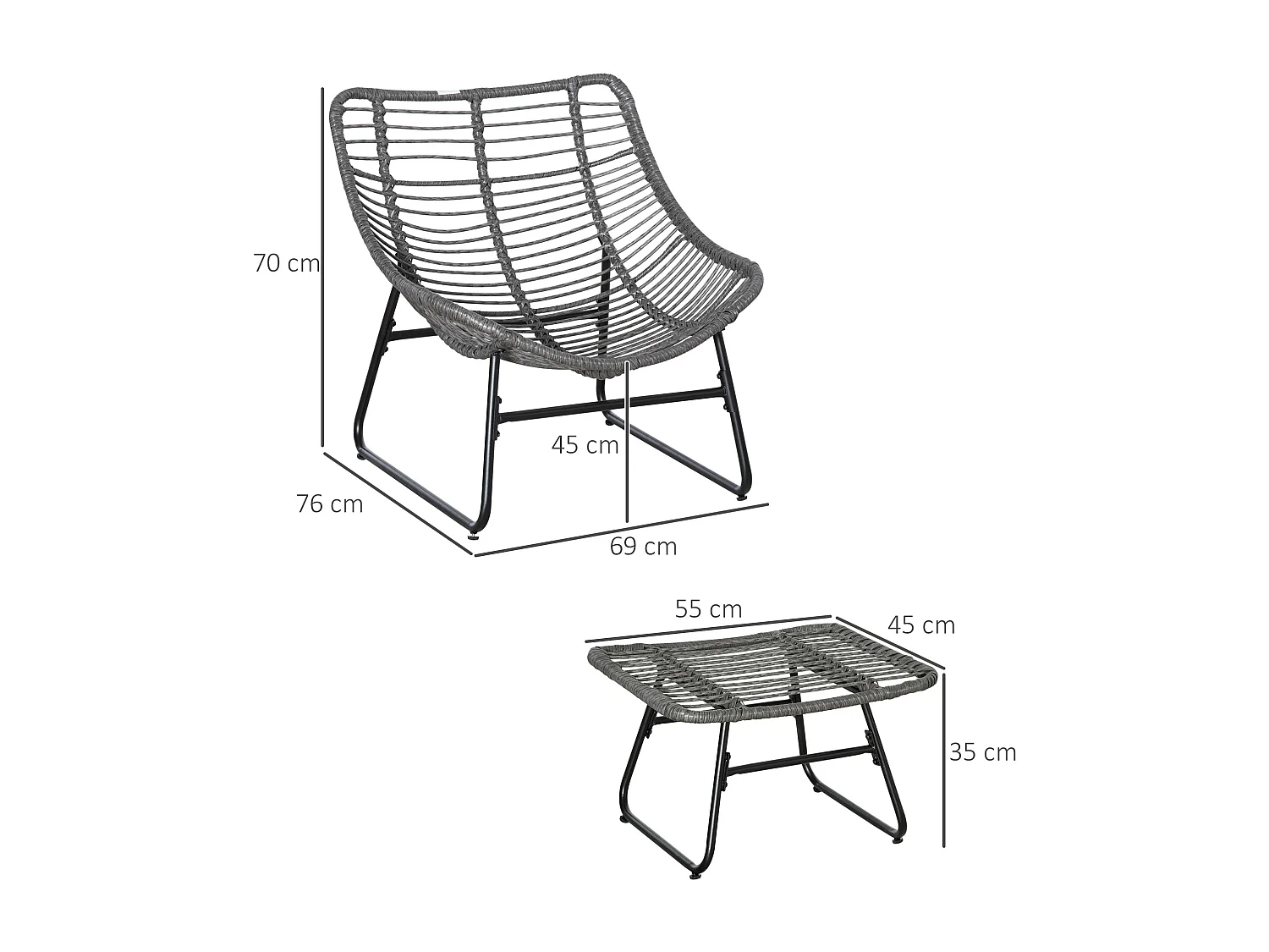 Fauteuil de jardin avec repose-pieds - 2 coussins polyester inclus - métal époxy résine tressée aspect rotin gris