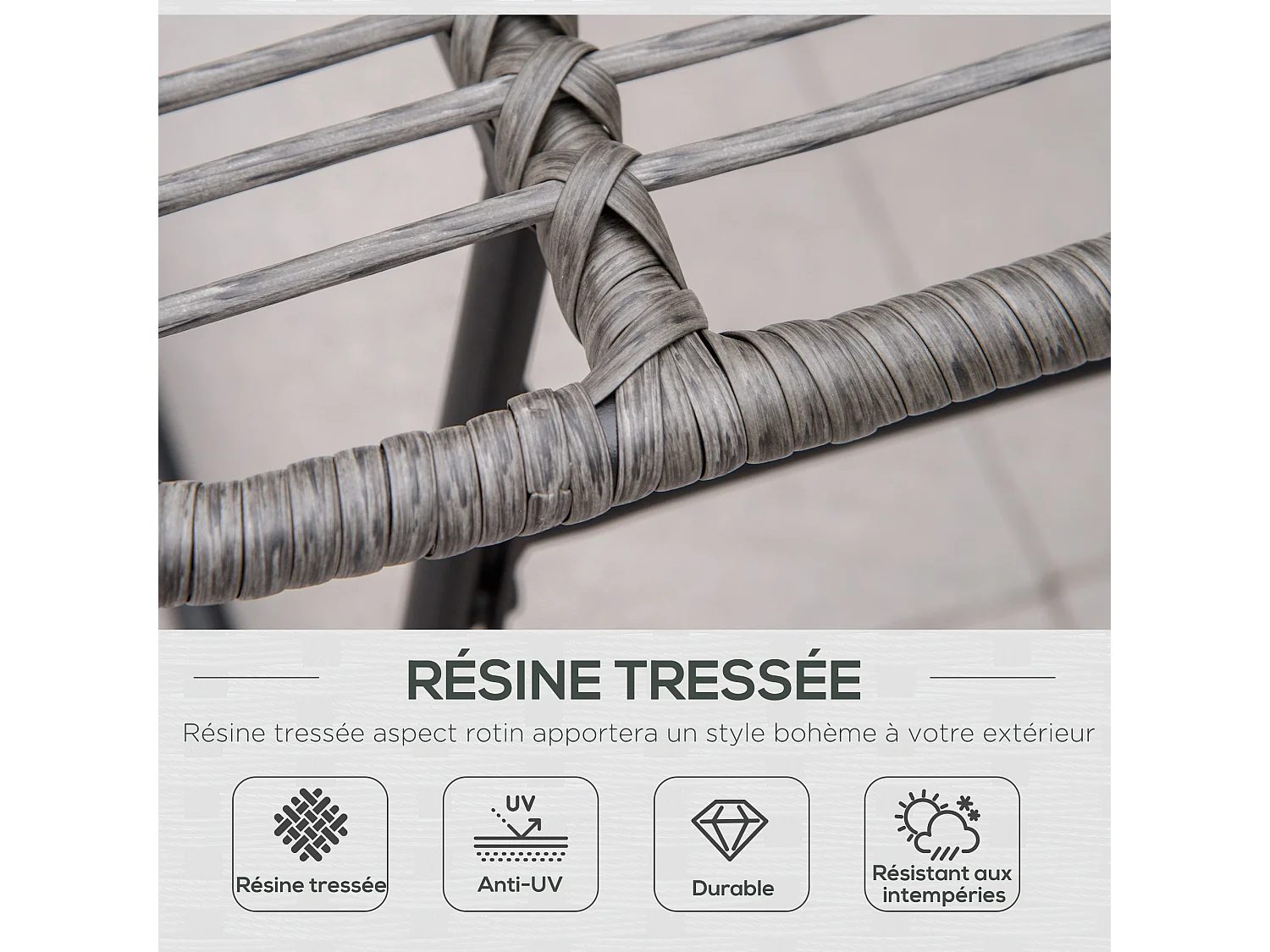 Fauteuil de jardin avec repose-pieds - 2 coussins polyester inclus - métal époxy résine tressée aspect rotin gris