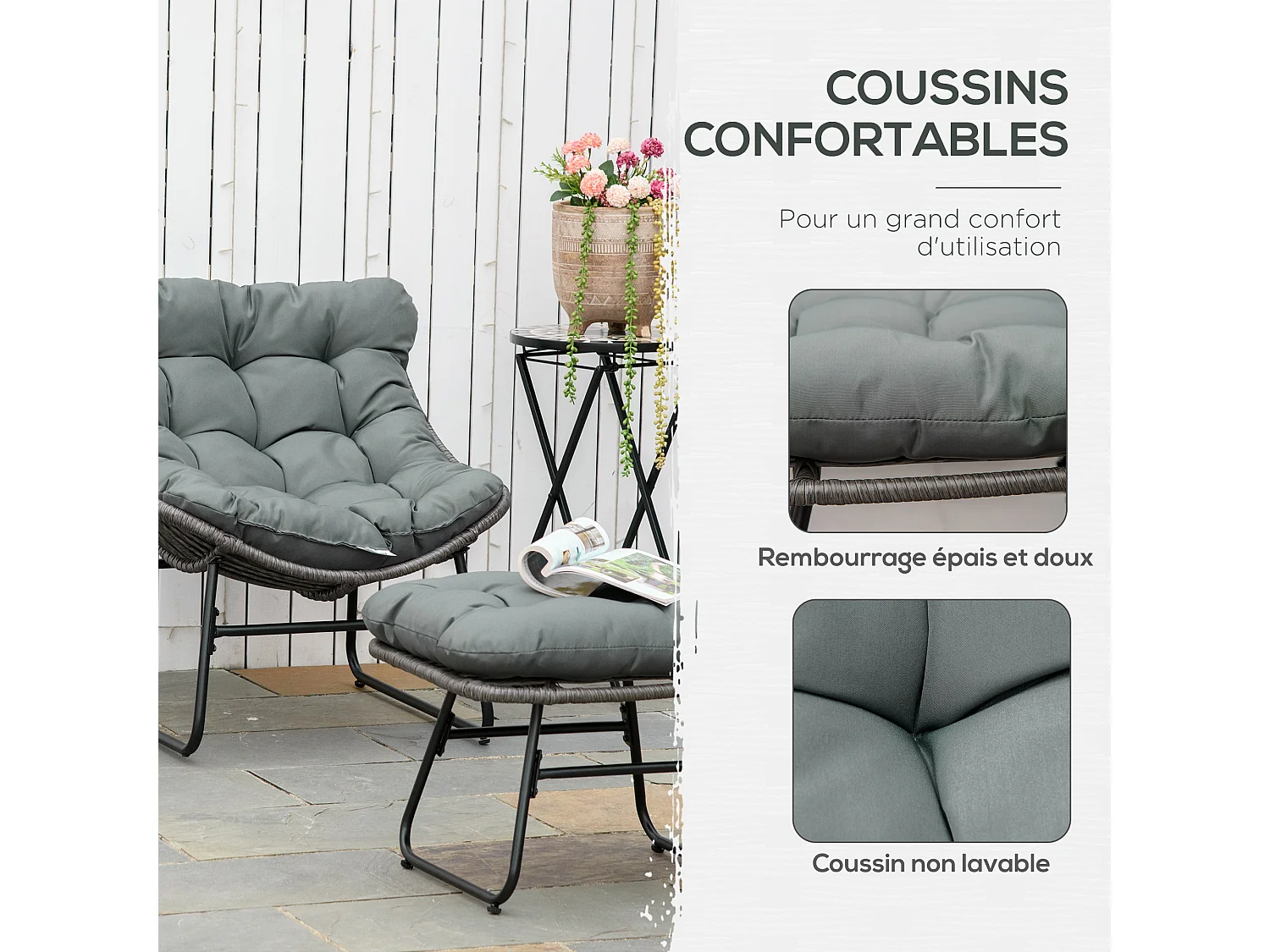 Fauteuil de jardin avec repose-pieds - 2 coussins polyester inclus - métal époxy résine tressée aspect rotin gris