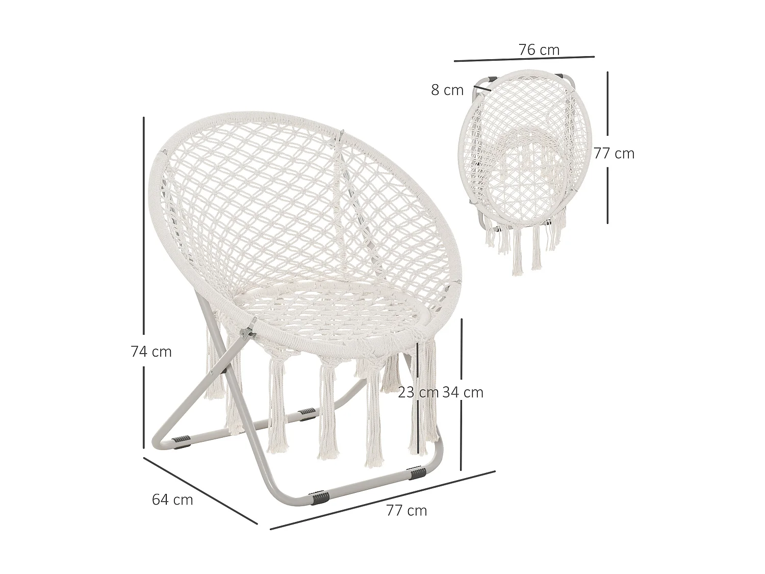 Loveuse fauteuil rond de jardin fauteuil lune papasan pliable grand confort macramé coton polyester beige