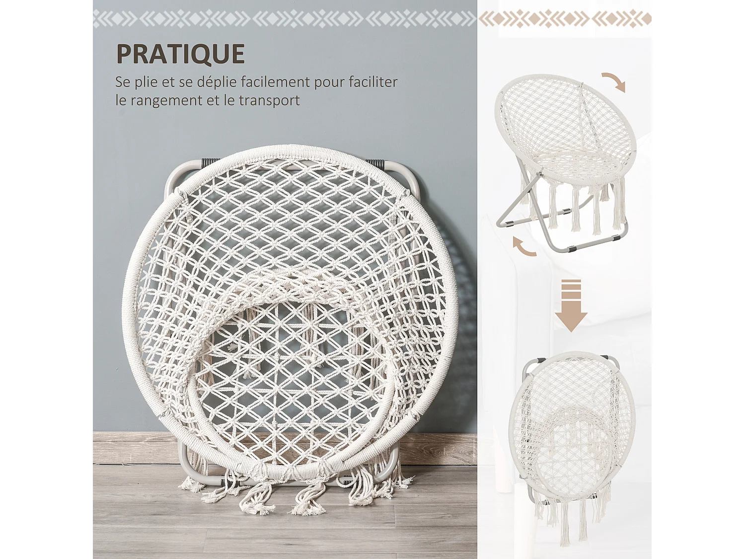 Loveuse fauteuil rond de jardin fauteuil lune papasan pliable grand confort macramé coton polyester beige