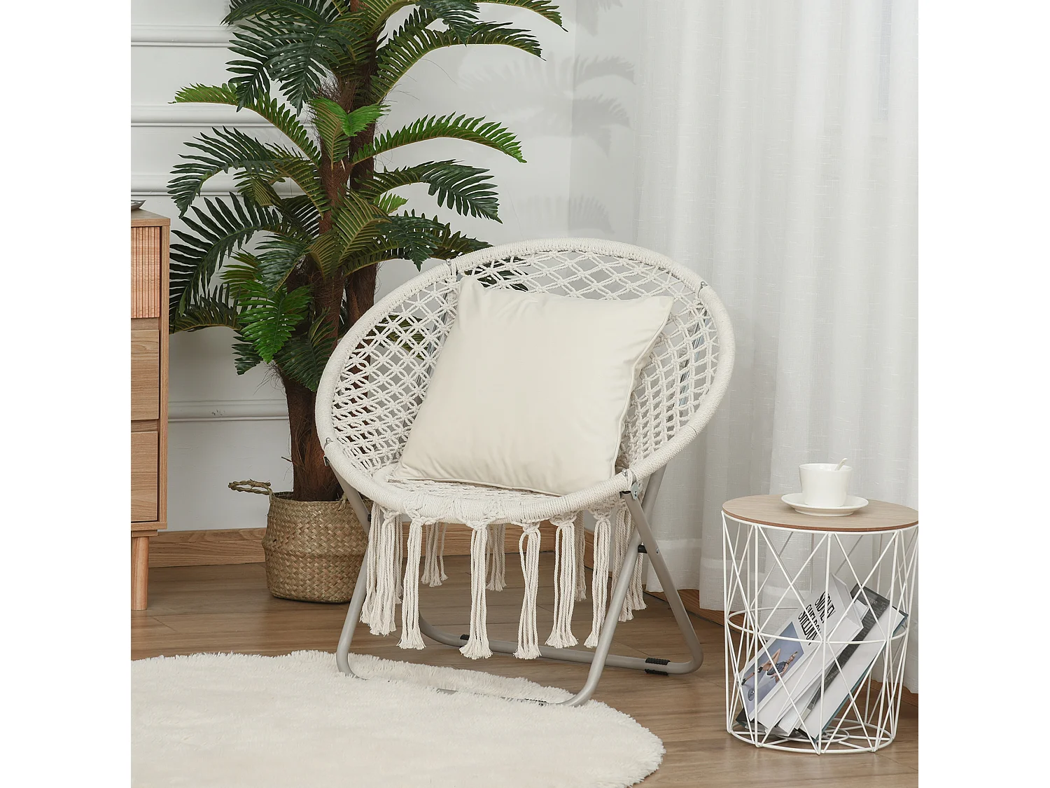 Loveuse fauteuil rond de jardin fauteuil lune papasan pliable grand confort macramé coton polyester beige
