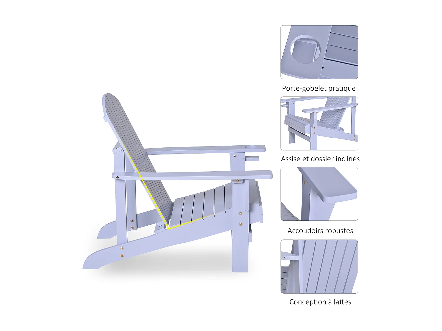 Fauteuil de jardin Adirondack grand confort porte-gobelet intégré bois de sapin traité peint gris
