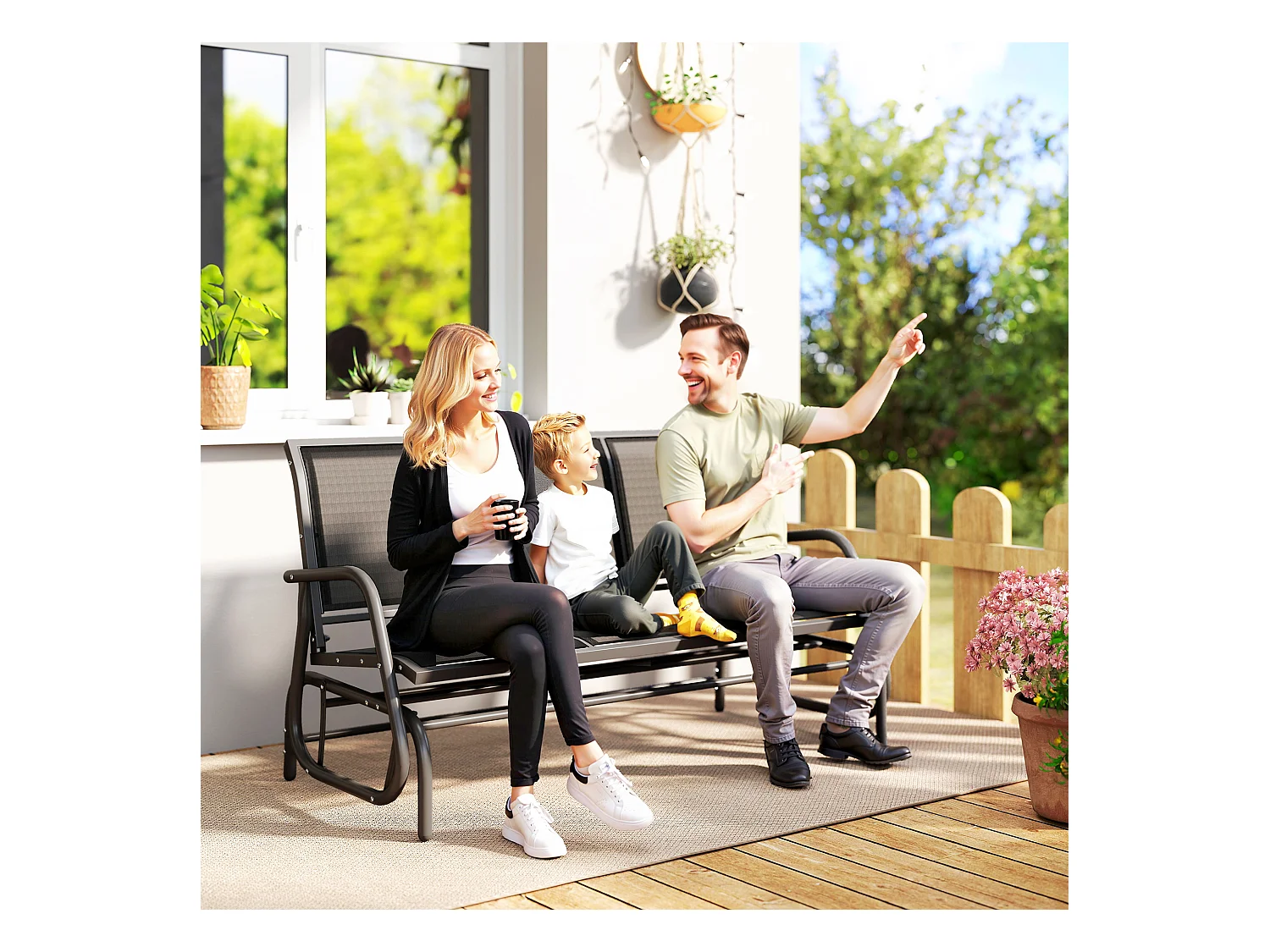 Banc à bascule de jardin 3 places design contemporain grand confort accoudoirs assise et dossier ergonomique acier textilène noir