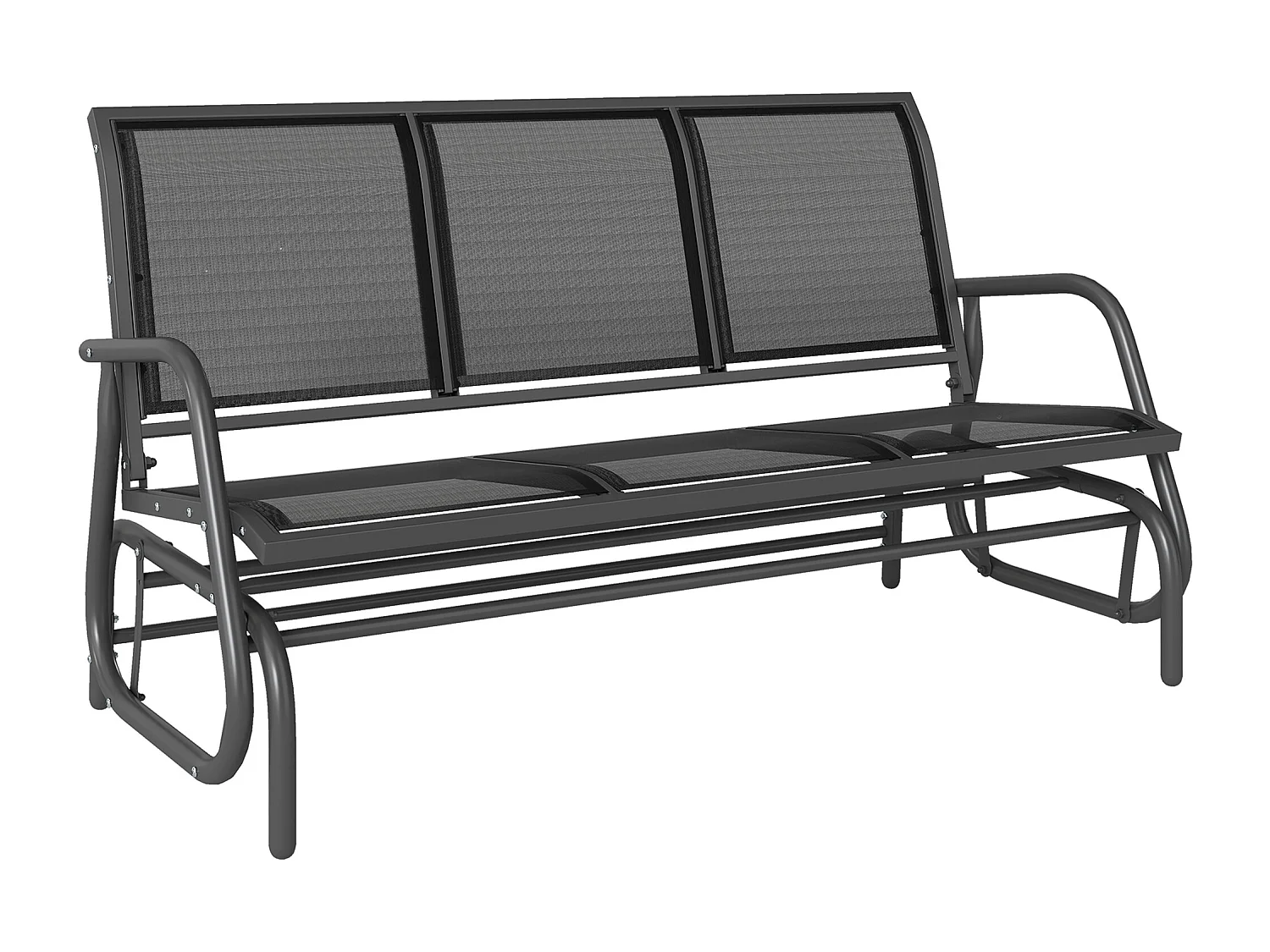 Banc à bascule de jardin 3 places design contemporain grand confort accoudoirs assise et dossier ergonomique acier textilène noir
