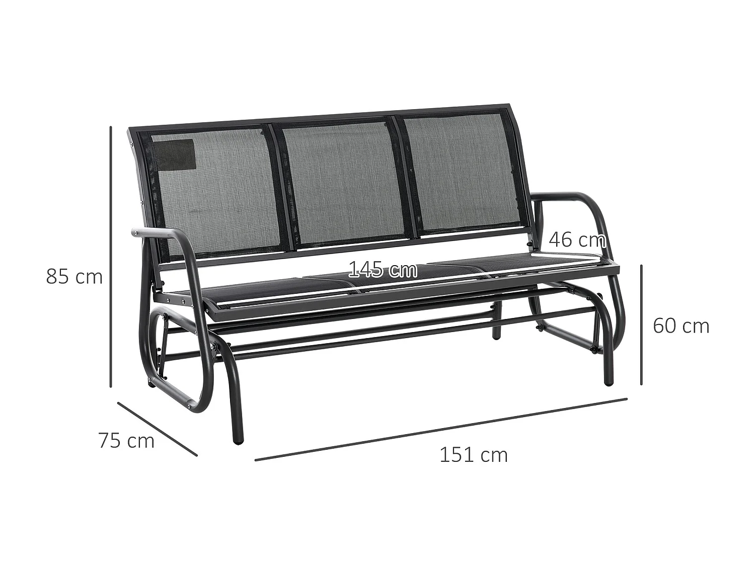 Banc à bascule de jardin 3 places design contemporain grand confort accoudoirs assise et dossier ergonomique acier textilène noir