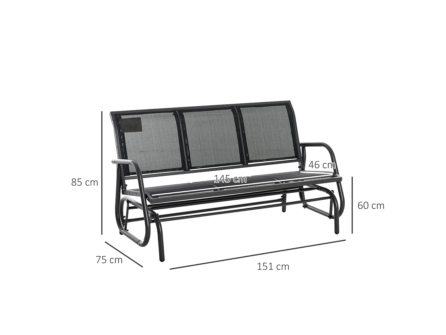 Banc à bascule de jardin 3 places design contemporain grand confort accoudoirs assise et dossier ergonomique acier textilène noir