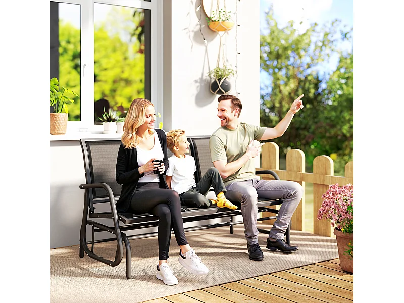 Banc à bascule de jardin 3 places design contemporain grand confort accoudoirs assise et dossier ergonomique acier textilène noir