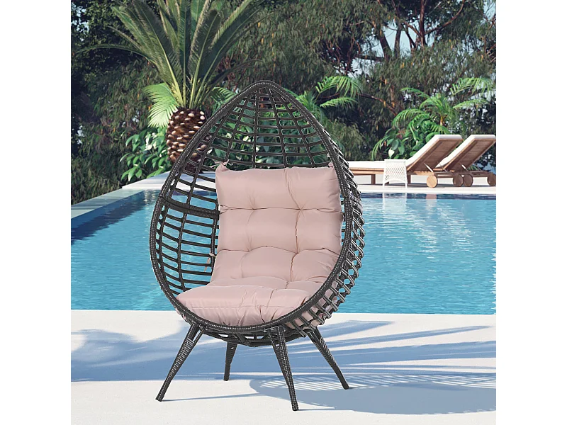 Fauteuil cocon oeuf sur pied design dim. 101L x 89l x 156H cm coussin beige déhoussable grand confort inclus acier résine chocolat