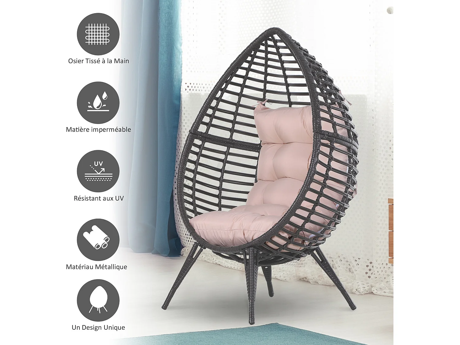 Fauteuil cocon oeuf sur pied design dim. 101L x 89l x 156H cm coussin beige déhoussable grand confort inclus acier résine chocolat