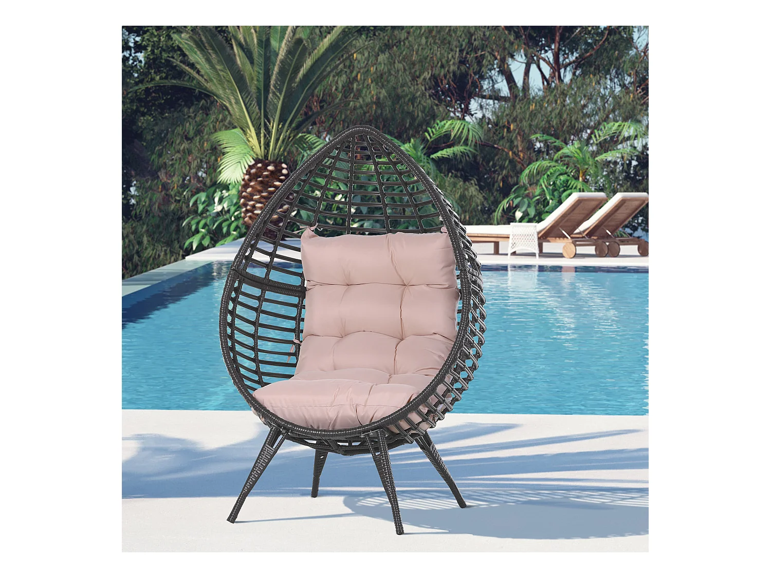 Fauteuil cocon oeuf sur pied design dim. 101L x 89l x 156H cm coussin beige déhoussable grand confort inclus acier résine chocolat