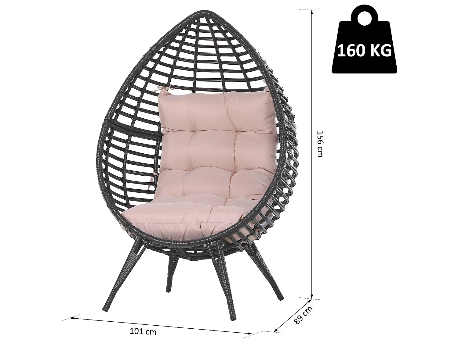 Fauteuil cocon oeuf sur pied design dim. 101L x 89l x 156H cm coussin beige déhoussable grand confort inclus acier résine chocolat