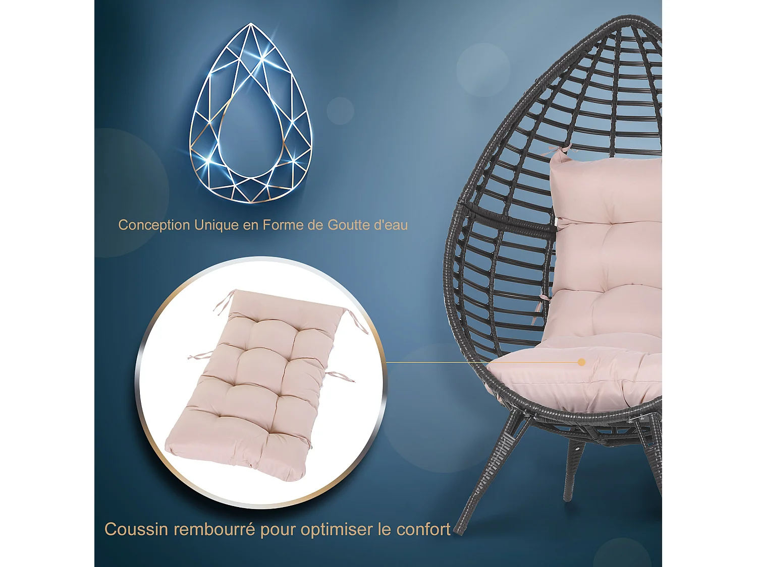 Fauteuil cocon oeuf sur pied design dim. 101L x 89l x 156H cm coussin beige déhoussable grand confort inclus acier résine chocolat