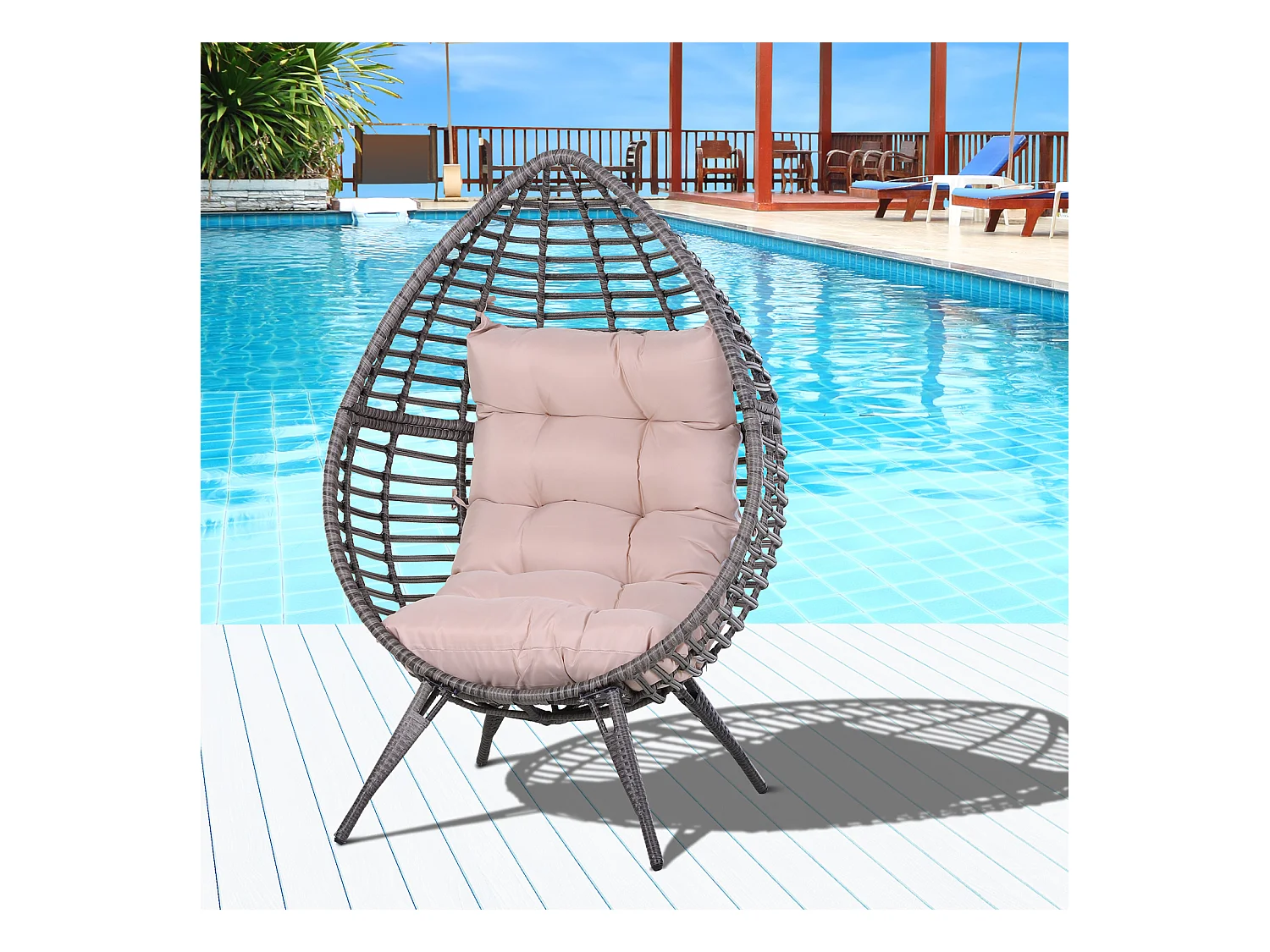 Fauteuil cocon oeuf sur pied design dim. 101L x 89l x 156H cm coussin beige déhoussable grand confort inclus acier résine grise