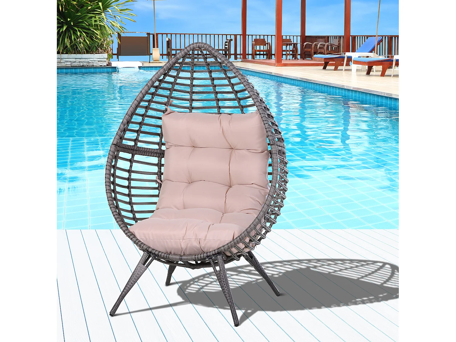 Fauteuil cocon oeuf sur pied design dim. 101L x 89l x 156H cm coussin beige déhoussable grand confort inclus acier résine grise