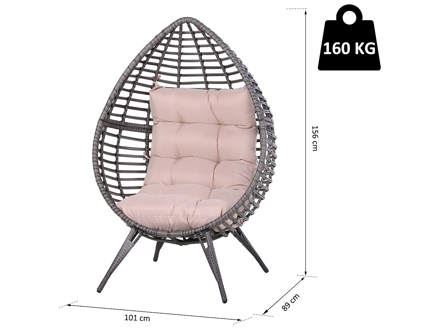 Fauteuil cocon oeuf sur pied design dim. 101L x 89l x 156H cm coussin beige déhoussable grand confort inclus acier résine grise