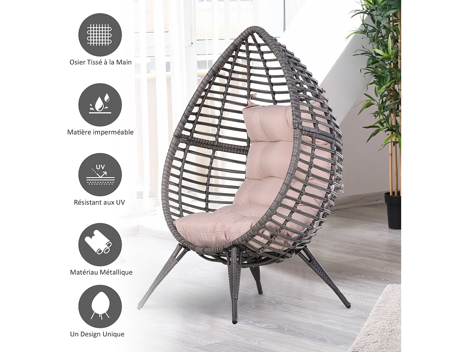 Fauteuil cocon oeuf sur pied design dim. 101L x 89l x 156H cm coussin beige déhoussable grand confort inclus acier résine grise