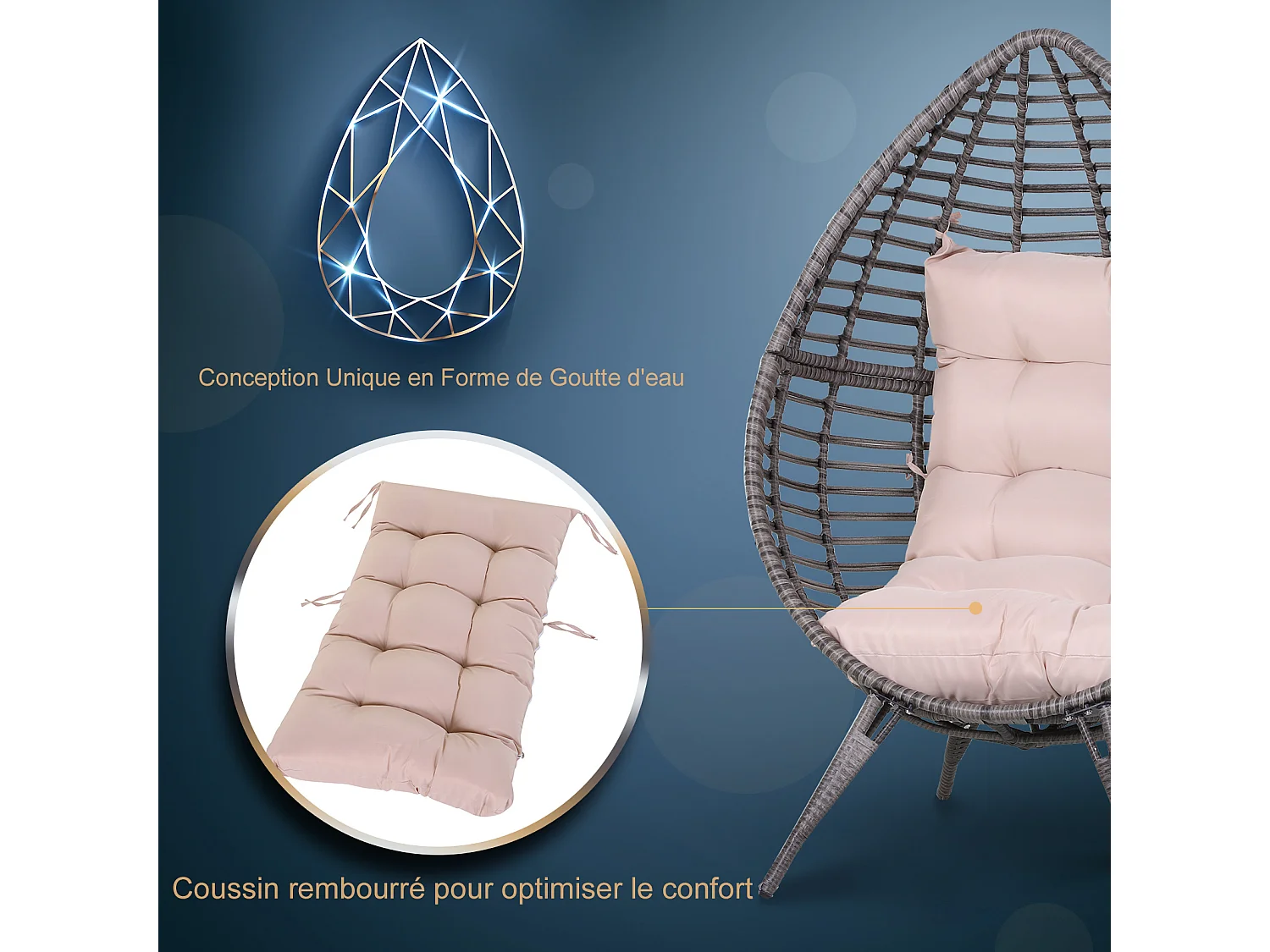 Fauteuil cocon oeuf sur pied design dim. 101L x 89l x 156H cm coussin beige déhoussable grand confort inclus acier résine grise