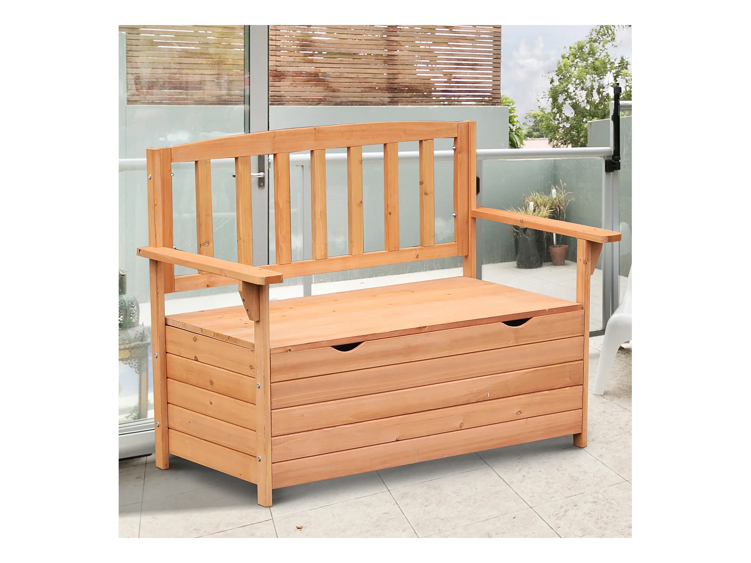 Banc coffre de jardin 2 places dim. 112L x 58l x 84H cm - dossier à lattes - charge max. 280 Kg - bois sapin pré-huilé