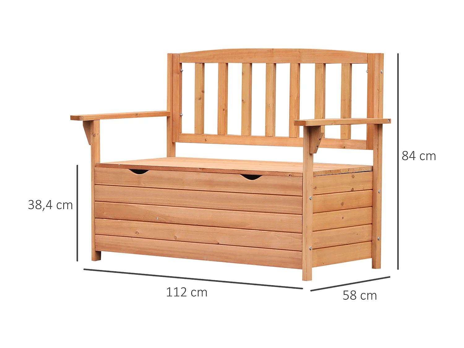 Banc coffre de jardin 2 places dim. 112L x 58l x 84H cm - dossier à lattes - charge max. 280 Kg - bois sapin pré-huilé