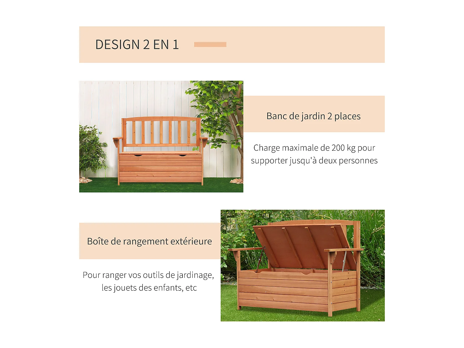 Banc coffre de jardin 2 places dim. 112L x 58l x 84H cm - dossier à lattes - charge max. 280 Kg - bois sapin pré-huilé