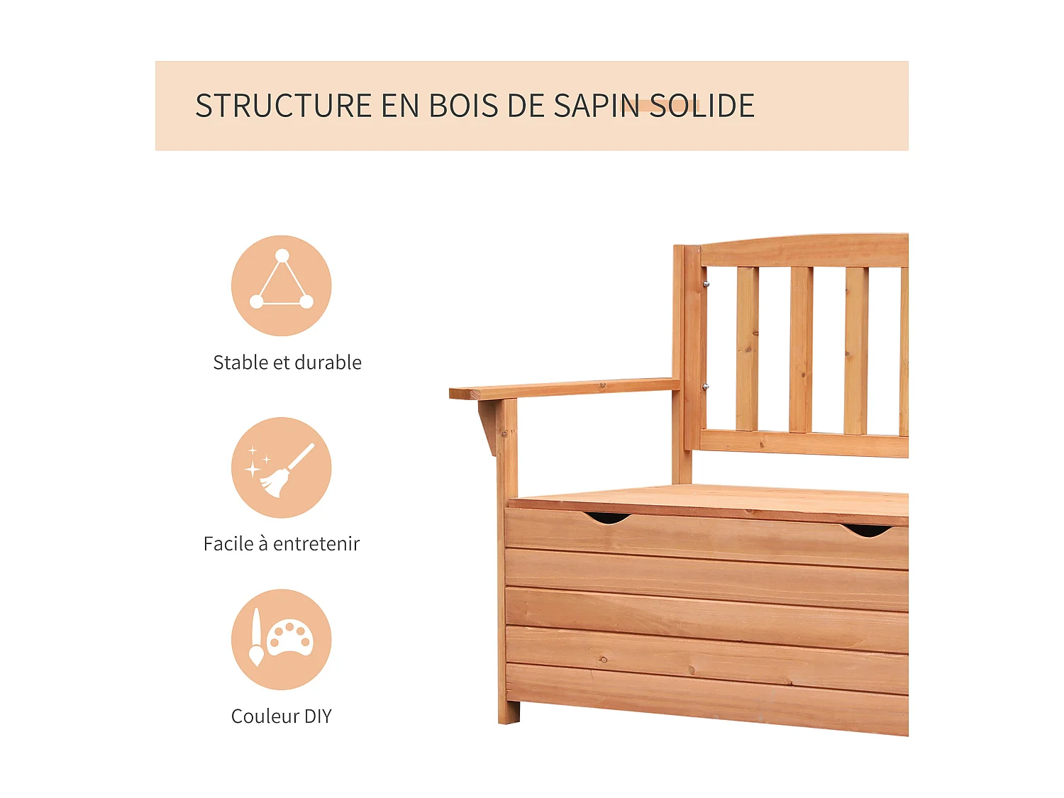 Banc coffre de jardin 2 places dim. 112L x 58l x 84H cm - dossier à lattes - charge max. 280 Kg - bois sapin pré-huilé