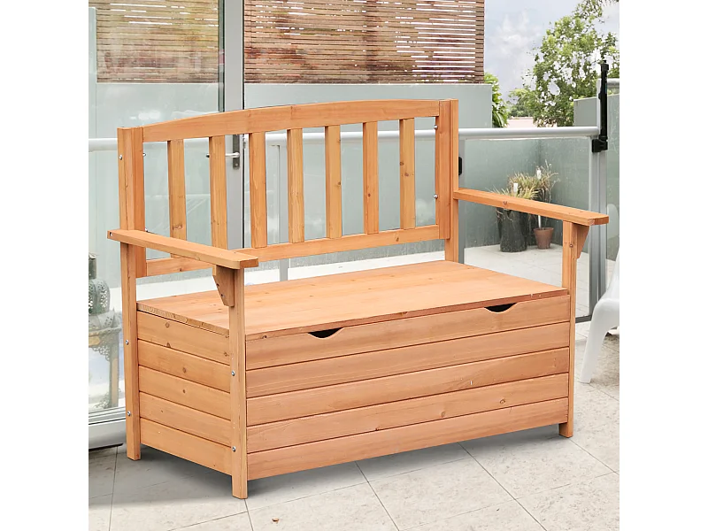 Banc coffre de jardin 2 places dim. 112L x 58l x 84H cm - dossier à lattes - charge max. 280 Kg - bois sapin pré-huilé