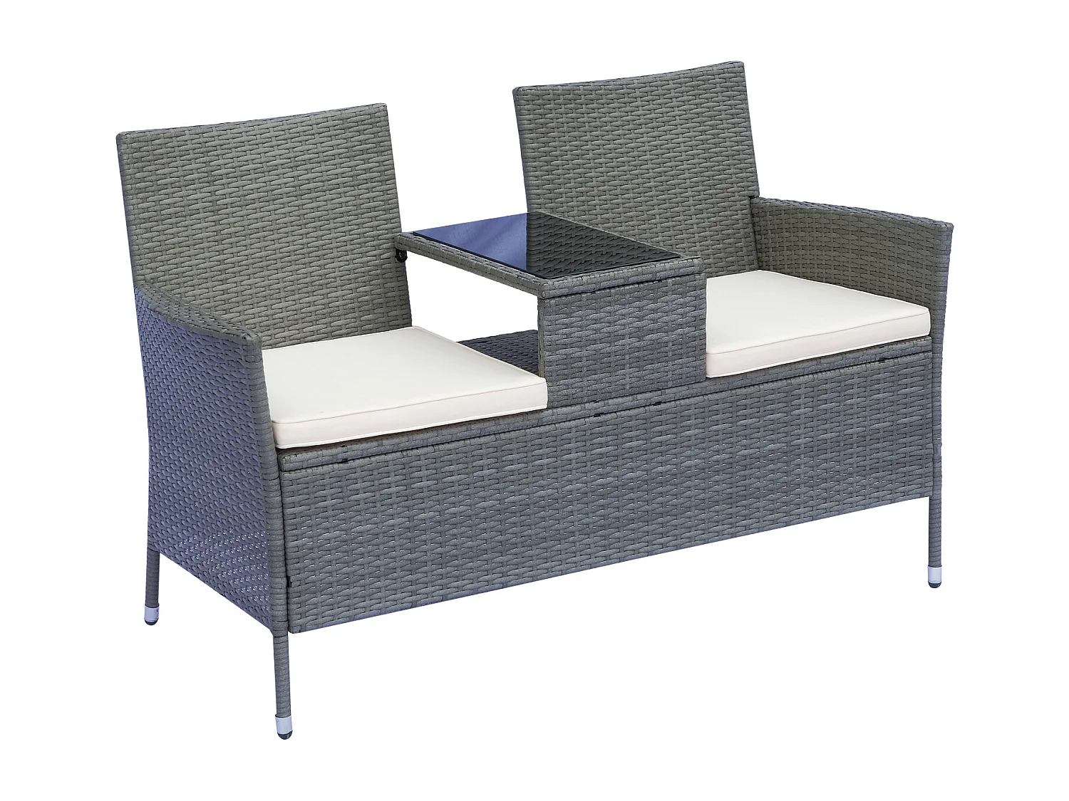 Banc de jardin design contemporain 133L x 63l x 84H cm banc double chaise avec coussins assise + tablette intégrée résine tressée grise polyester crème