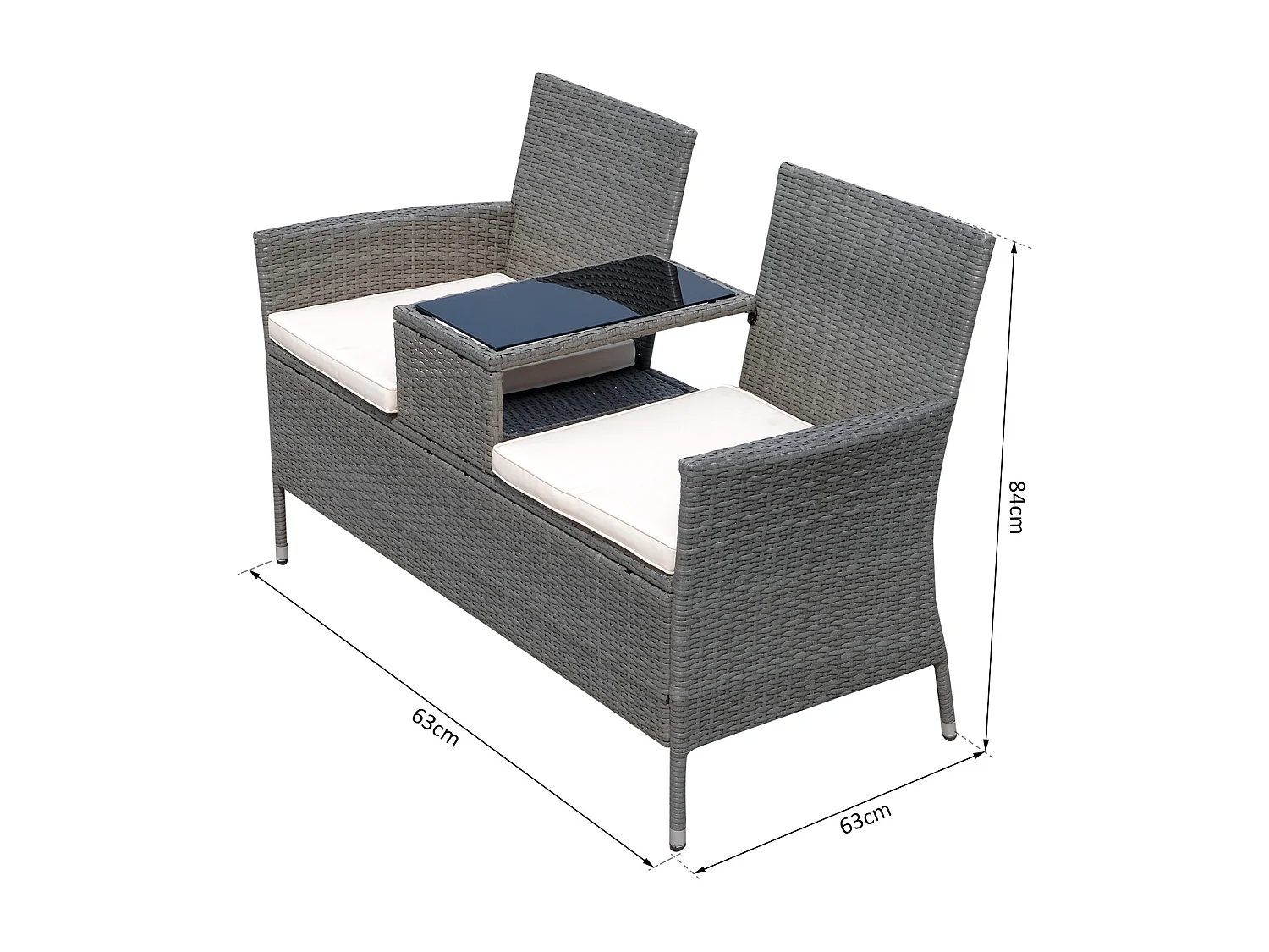 Banc de jardin design contemporain 133L x 63l x 84H cm banc double chaise avec coussins assise + tablette intégrée résine tressée grise polyester crème