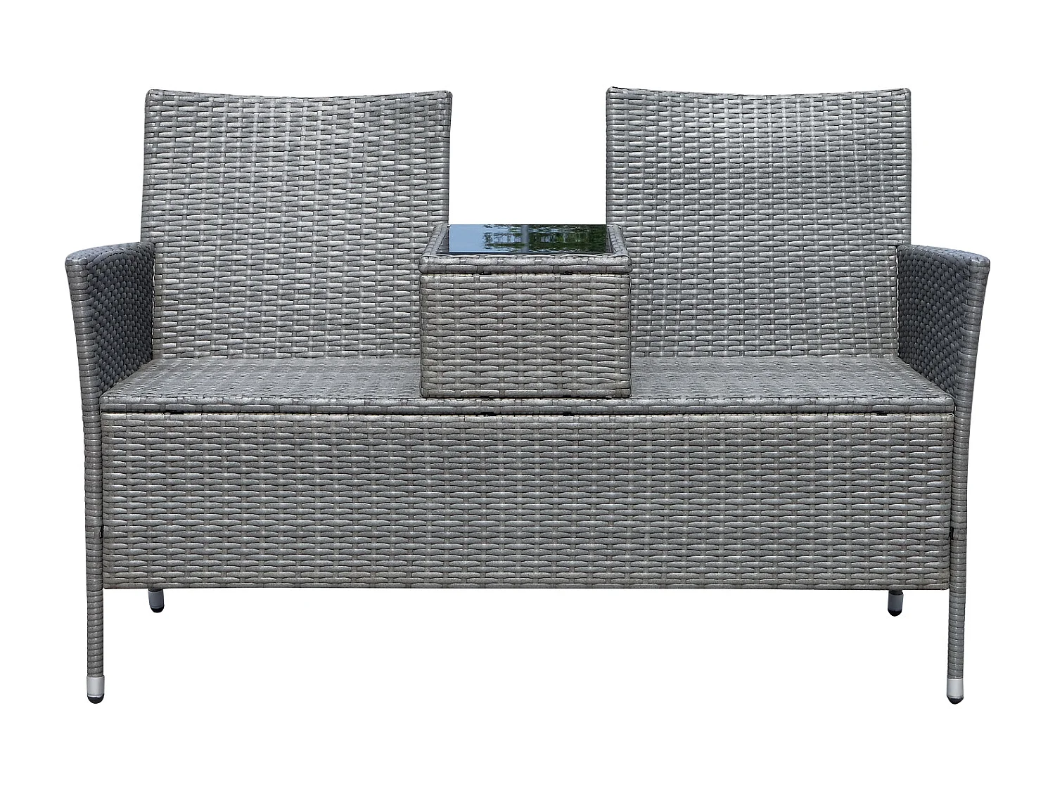 Banc de jardin design contemporain 133L x 63l x 84H cm banc double chaise avec coussins assise + tablette intégrée résine tressée grise polyester crème