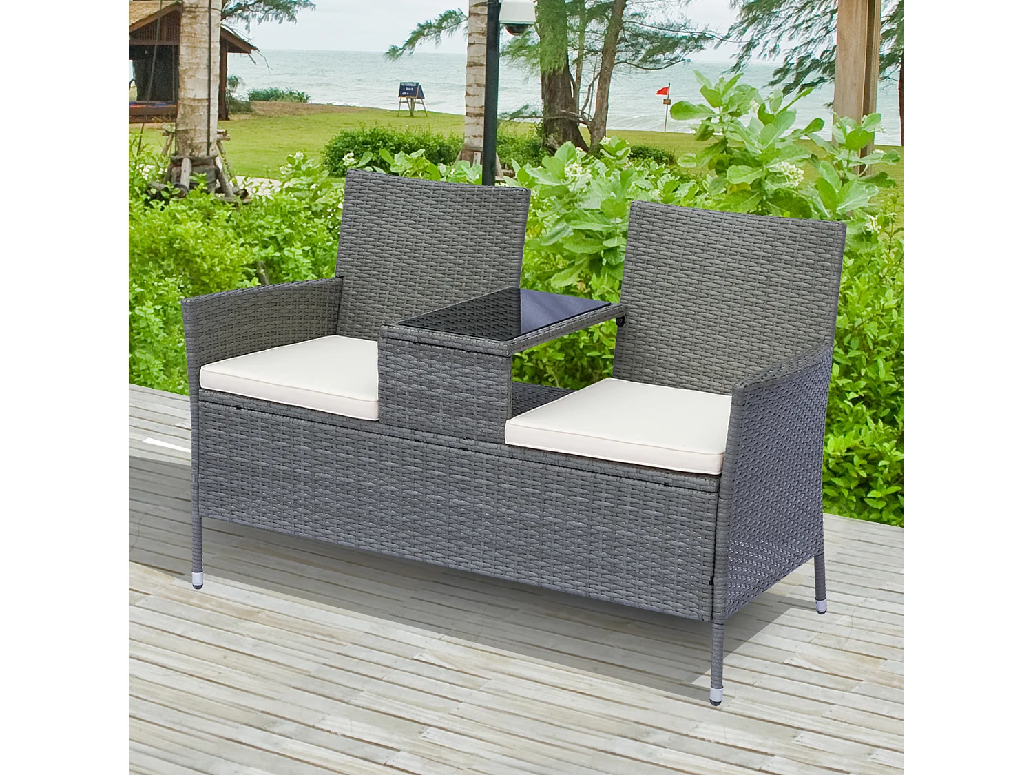 Banc de jardin design contemporain 133L x 63l x 84H cm banc double chaise avec coussins assise + tablette intégrée résine tressée grise polyester crème
