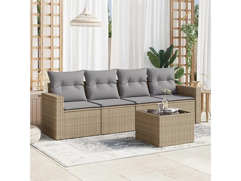 5-tlg. Garten-Sofagarnitur,Gartenmöbel-Set mit Kissen Beige Poly Rattan -gkd753865