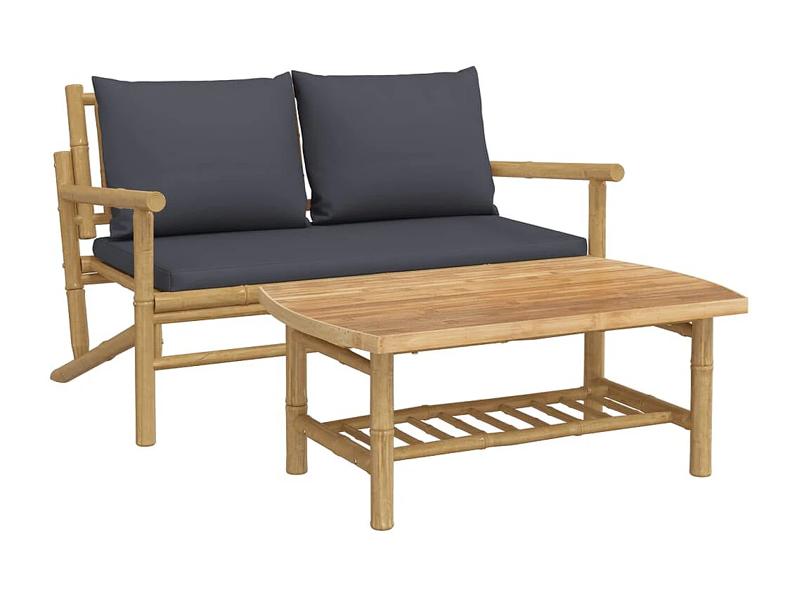 2-tlg. Garten-Sitzgruppe: Sofa + Tisch | Garten-Lounge-Set mit Dunkelgrauen Kissen Bambus -GKD630534