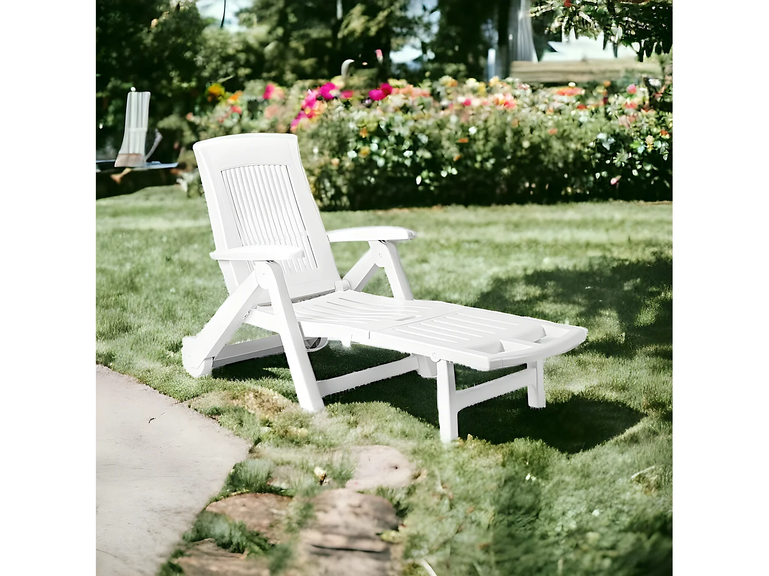 Espreguiçadeira Dantonel, espreguiçadeira ajustável para jardim com rodas, espreguiçadeira ao ar livre, 100% Fabricado na Itália, 195x72h101 cm, Branco